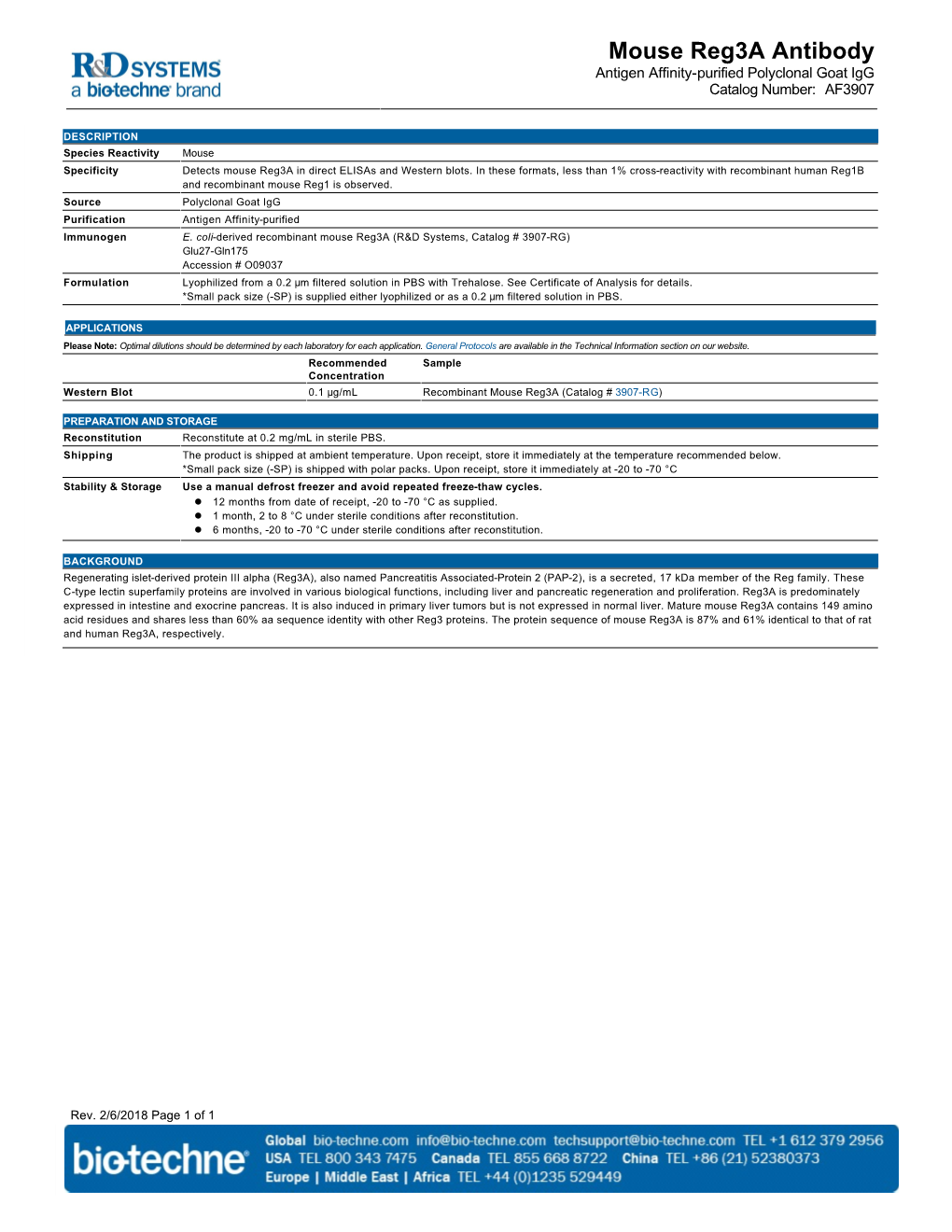 Mouse Reg3a Antibody Antigen Affinity-Purified Polyclonal Goat Igg Catalog Number: AF3907