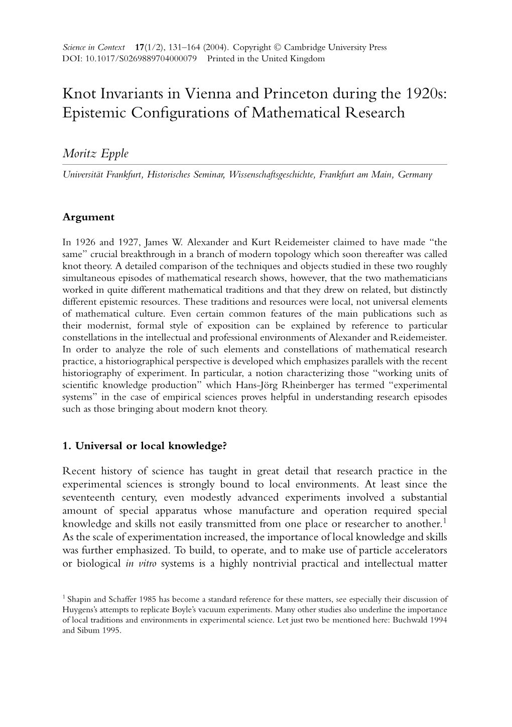 Knot Invariants in Vienna and Princeton During the 1920S: Epistemic Conﬁgurations of Mathematical Research