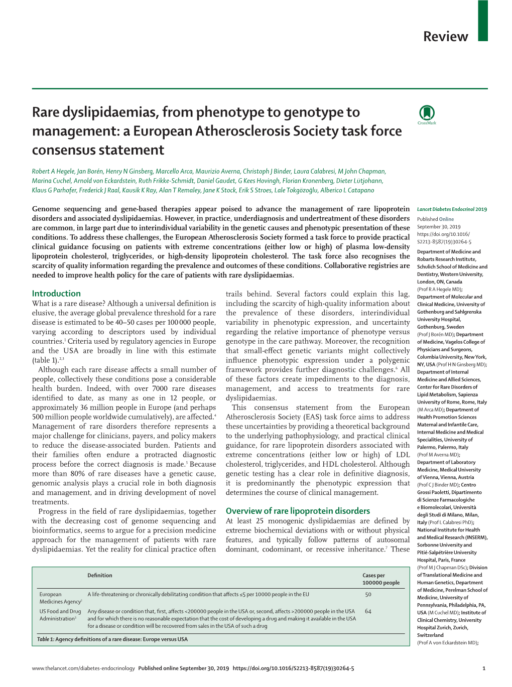 Rare Dyslipidaemias, from Phenotype to Genotype to Management: a European Atherosclerosis Society Task Force Consensus Statement