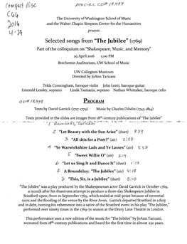 Selected Songs from "The Jubilee" (1769) Part Ofthe Colloquium on ((Shakespeare, Music, and Memory"