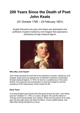 200 Years Since the Death of Poet John Keats (31 October 1795 – 23 February 1821)