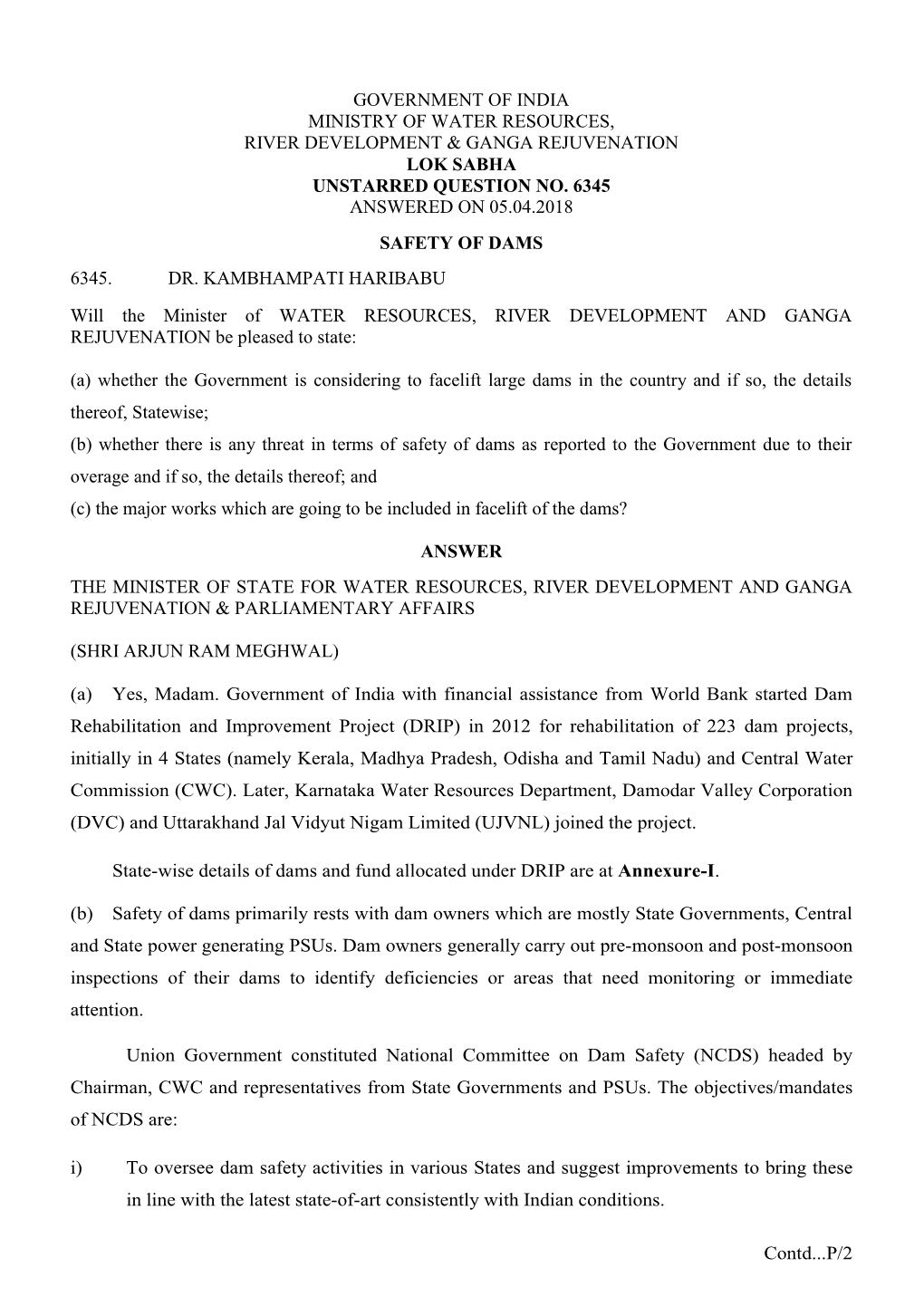 Government of India Ministry of Water Resources, River Development & Ganga Rejuvenation Lok Sabha Unstarred Question No