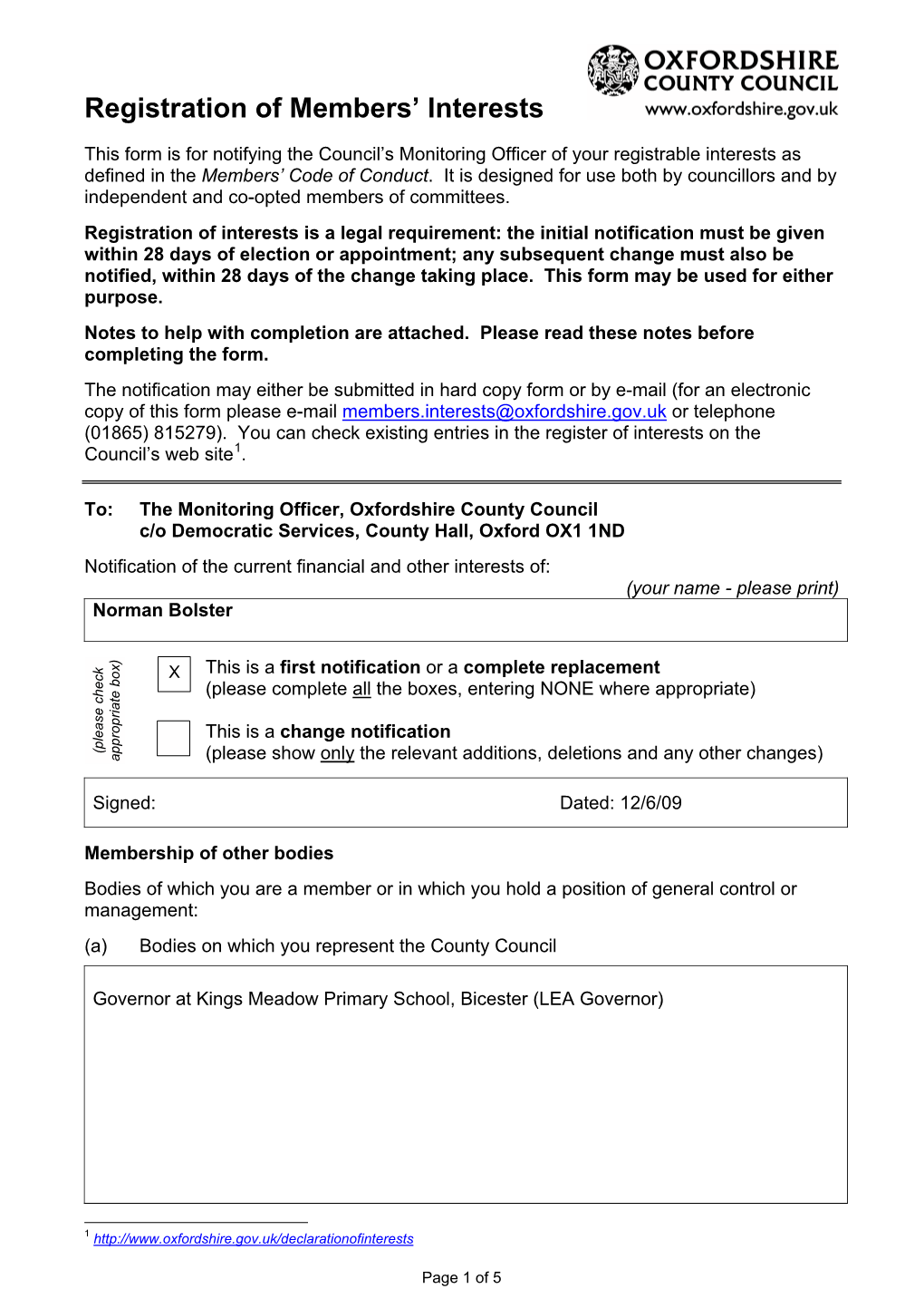 Registration of Members' Interests