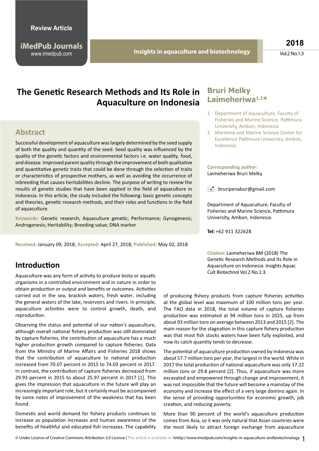The Genetic Research Methods and Its Role in Aquaculture on Indonesia
