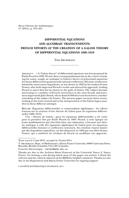 French Efforts at the Creation of a Galois Theory of Differential Equations 1880–1910