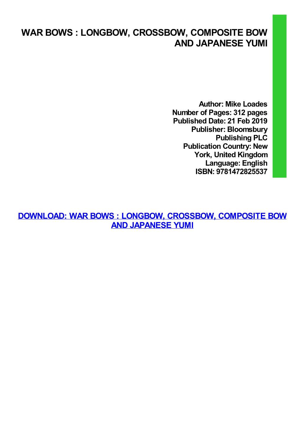 {Download PDF} War Bows : Longbow, Crossbow, Composite Bow and Japanese Yumi Ebook