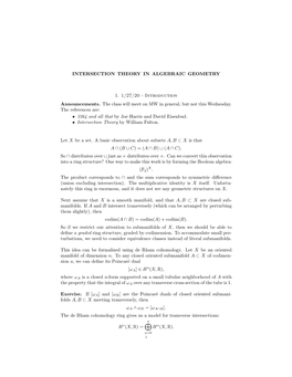 Intersection Theory in Algebraic Geometry 1. 1/27/20