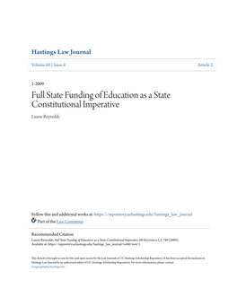 Full State Funding of Education As a State Constitutional Imperative Laurie Reynolds