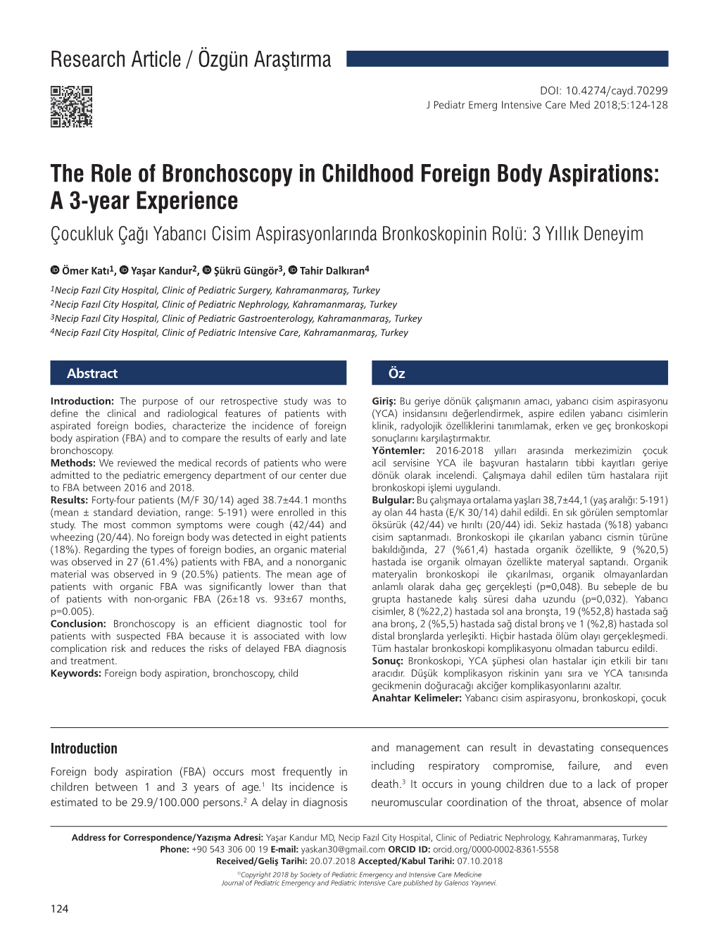 The Role of Bronchoscopy in Childhood Foreign Body Aspirations