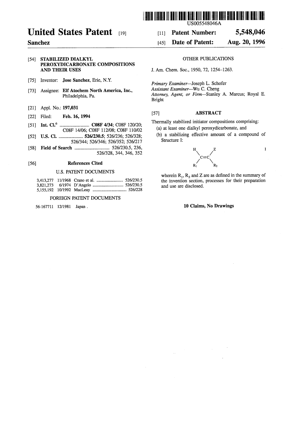 United States Patent (19) 11 Patent Number: 5,548,046 Sanchez 45) Date of Patent: Aug