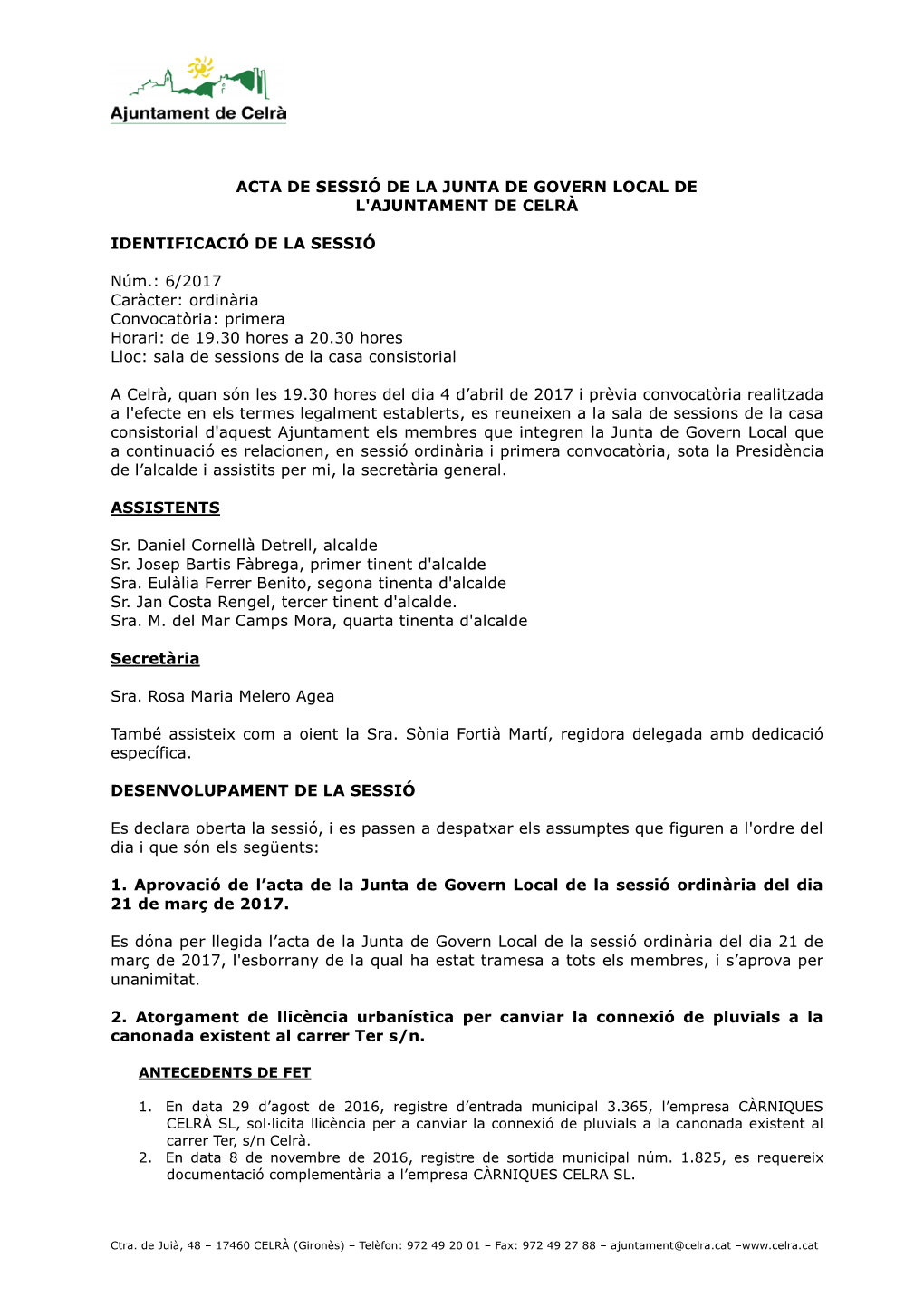 Acta De Sessió De La Junta De Govern Local De L'ajuntament De Celrà