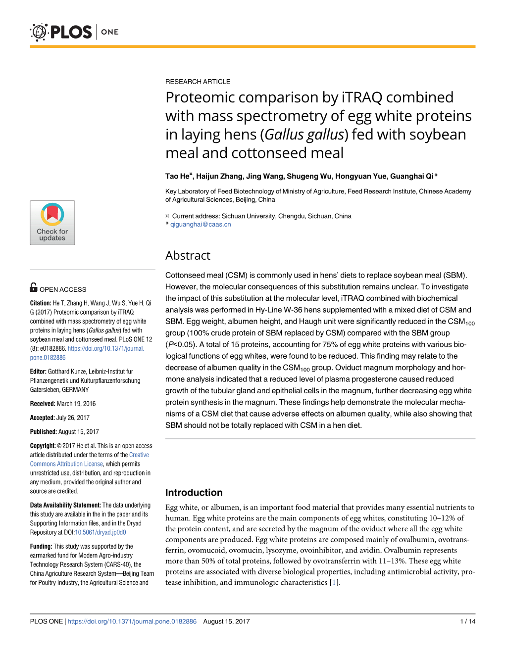Proteomic Comparison by Itraq Combined with Mass Spectrometry of Egg White Proteins in Laying Hens (Gallus Gallus) Fed with Soybean Meal and Cottonseed Meal