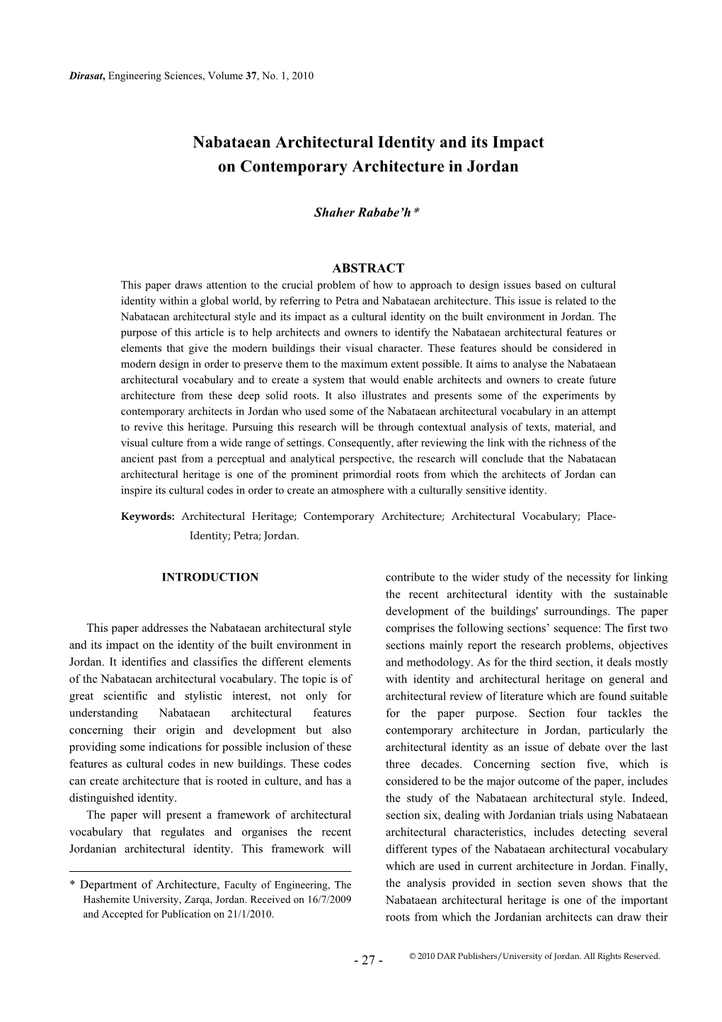 Nabataean Architectural Identity and Its Impact on Contemporary Architecture in Jordan