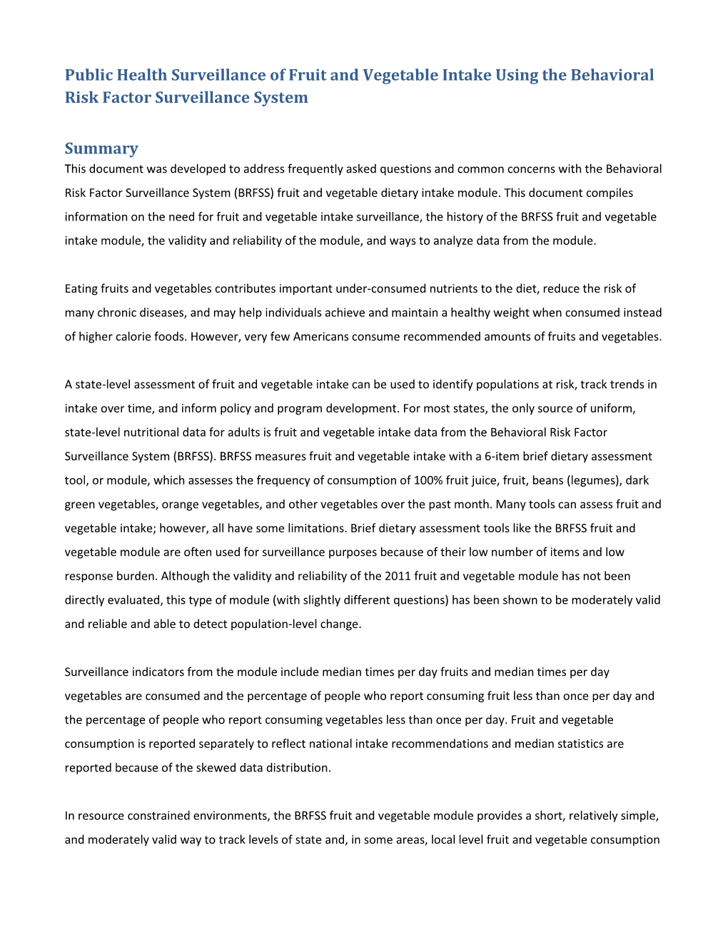 Public Health Surveillance of Fruit and Vegetable Intake Using the Behavioral Risk Factor Surveillance System