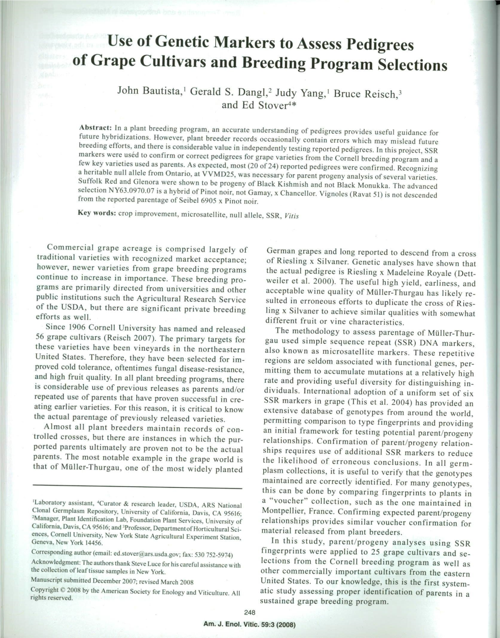 Use of Genetic Markers to Assess Pedigrees of Grape Cultivars and Breeding Program Selections