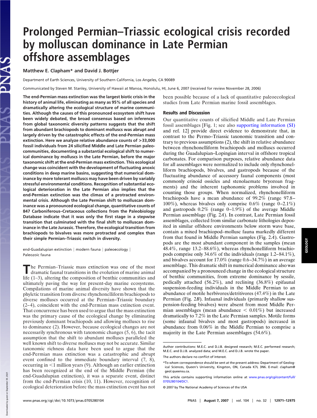 Prolonged Permian–Triassic Ecological Crisis Recorded by Molluscan Dominance in Late Permian Offshore Assemblages