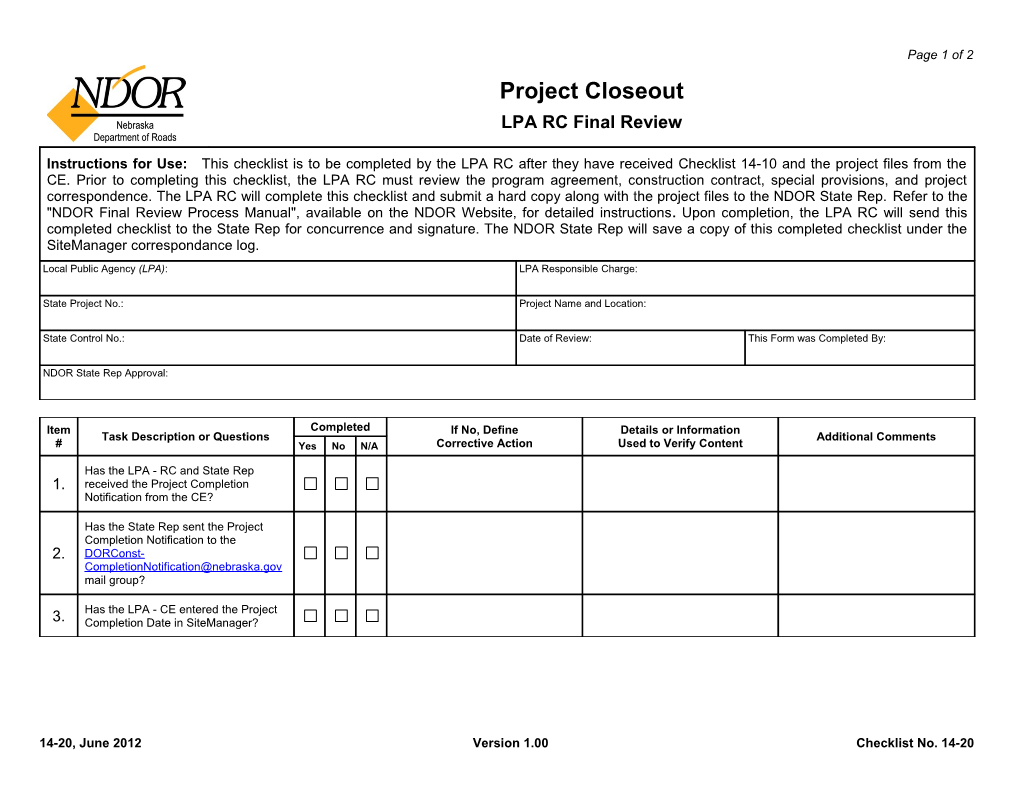 14-20, June 2012 Version 1.00 Checklist No. 14-20