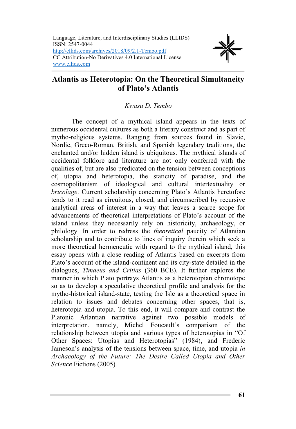Atlantis As Heterotopia: on the Theoretical Simultaneity of Plato's