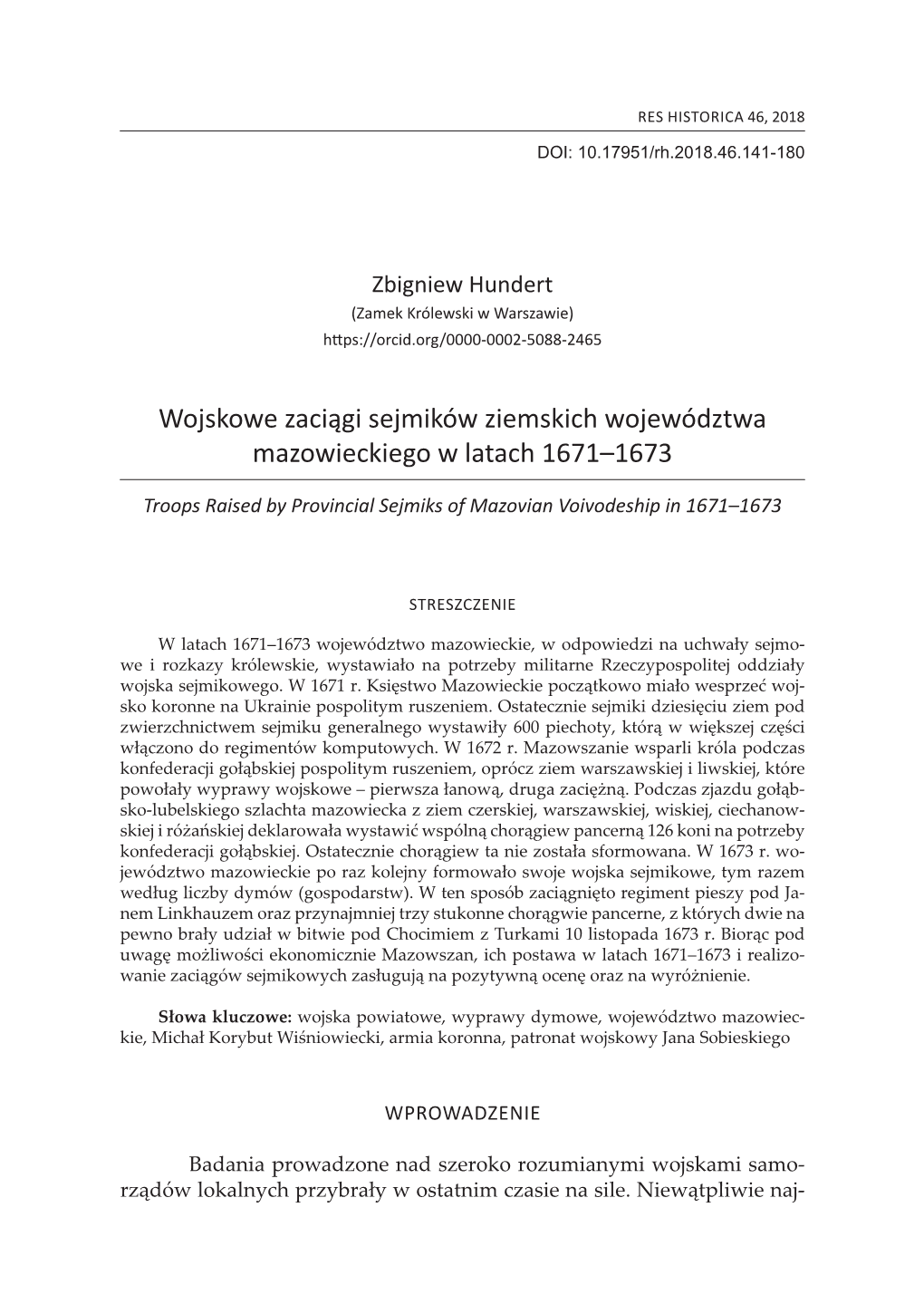 Wojskowe Zaciągi Sejmików Ziemskich Województwa Mazowieckiego W Latach 1671–1673