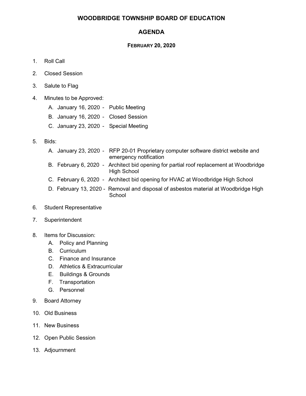 Woodbridge Township Board of Education Agenda