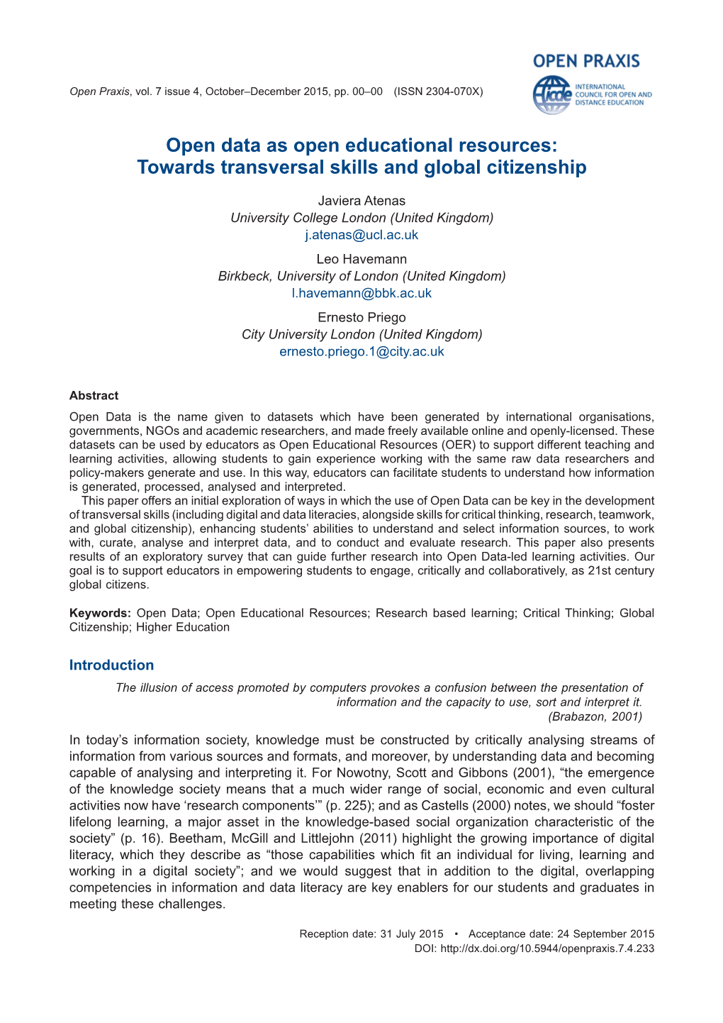 Open Data As Open Educational Resources: Towards Transversal Skills and Global Citizenship