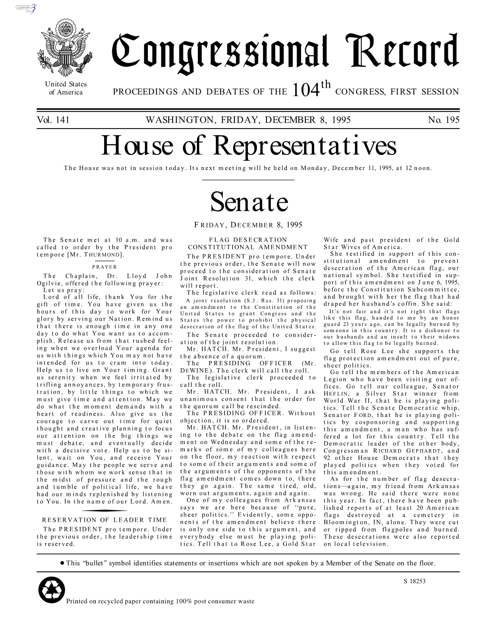 Congressional Record United States Th of America PROCEEDINGS and DEBATES of the 104 CONGRESS, FIRST SESSION