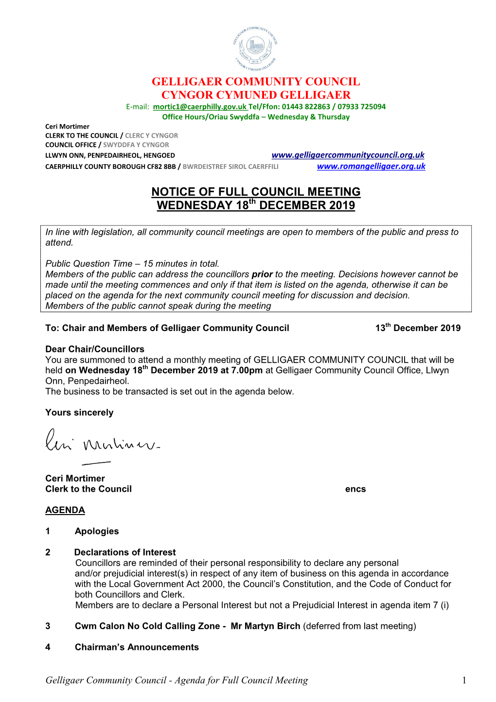 Agenda, Otherwise It Can Be Placed on the Agenda for the Next Community Council Meeting for Discussion and Decision