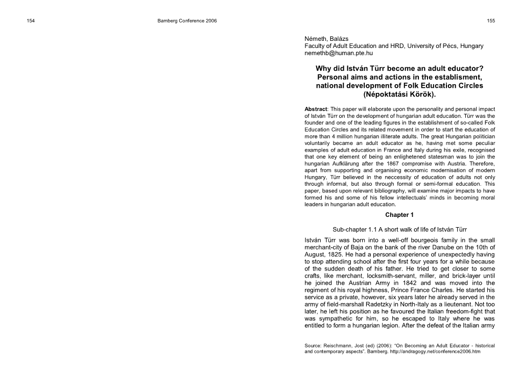 Why Did István Türr Become an Adult Educator? Personal Aims and Actions in the Establisment, National Development of Folk Education Circles (Népoktatási Körök)