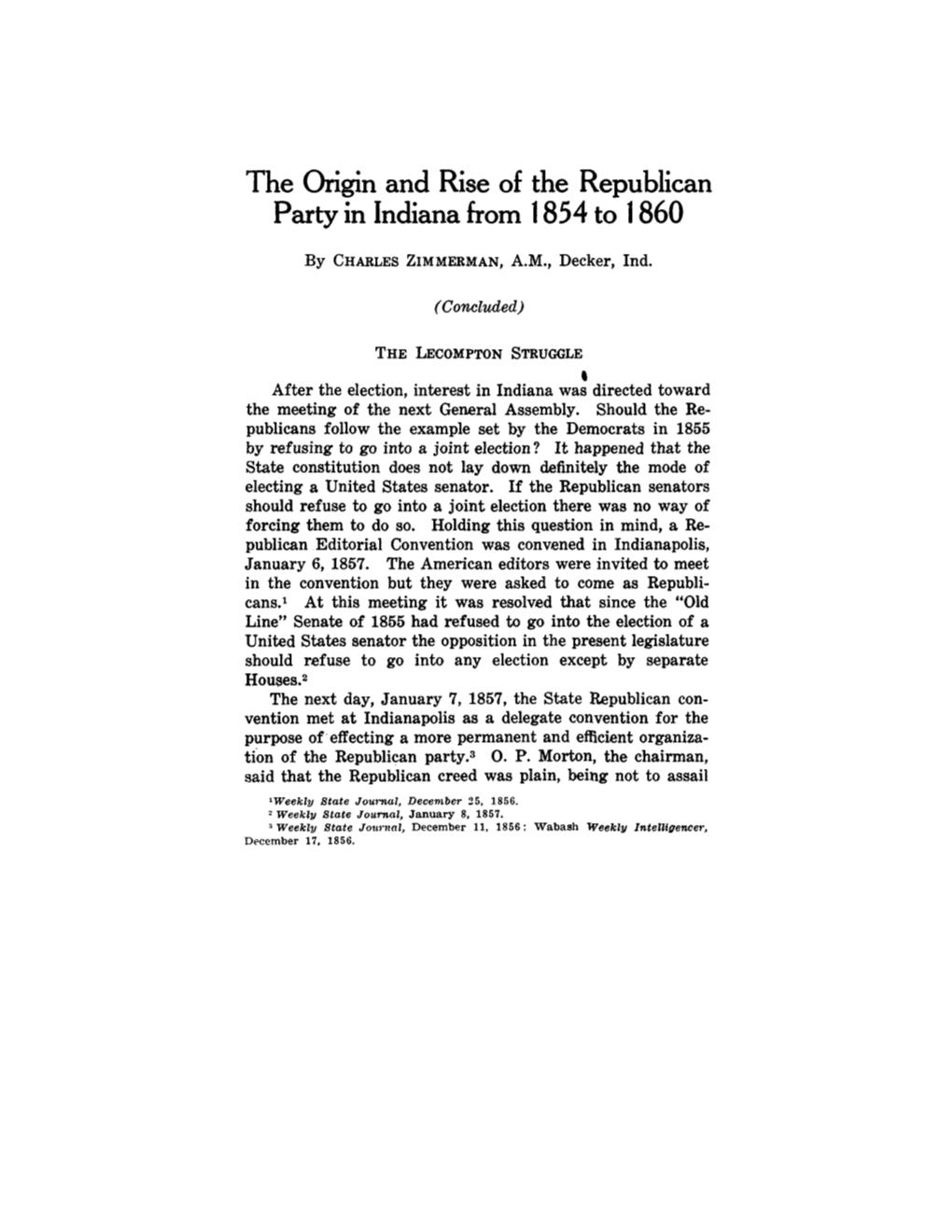 The Origin and Rise of the Republican Party in Indiana from 1854 to 1 860