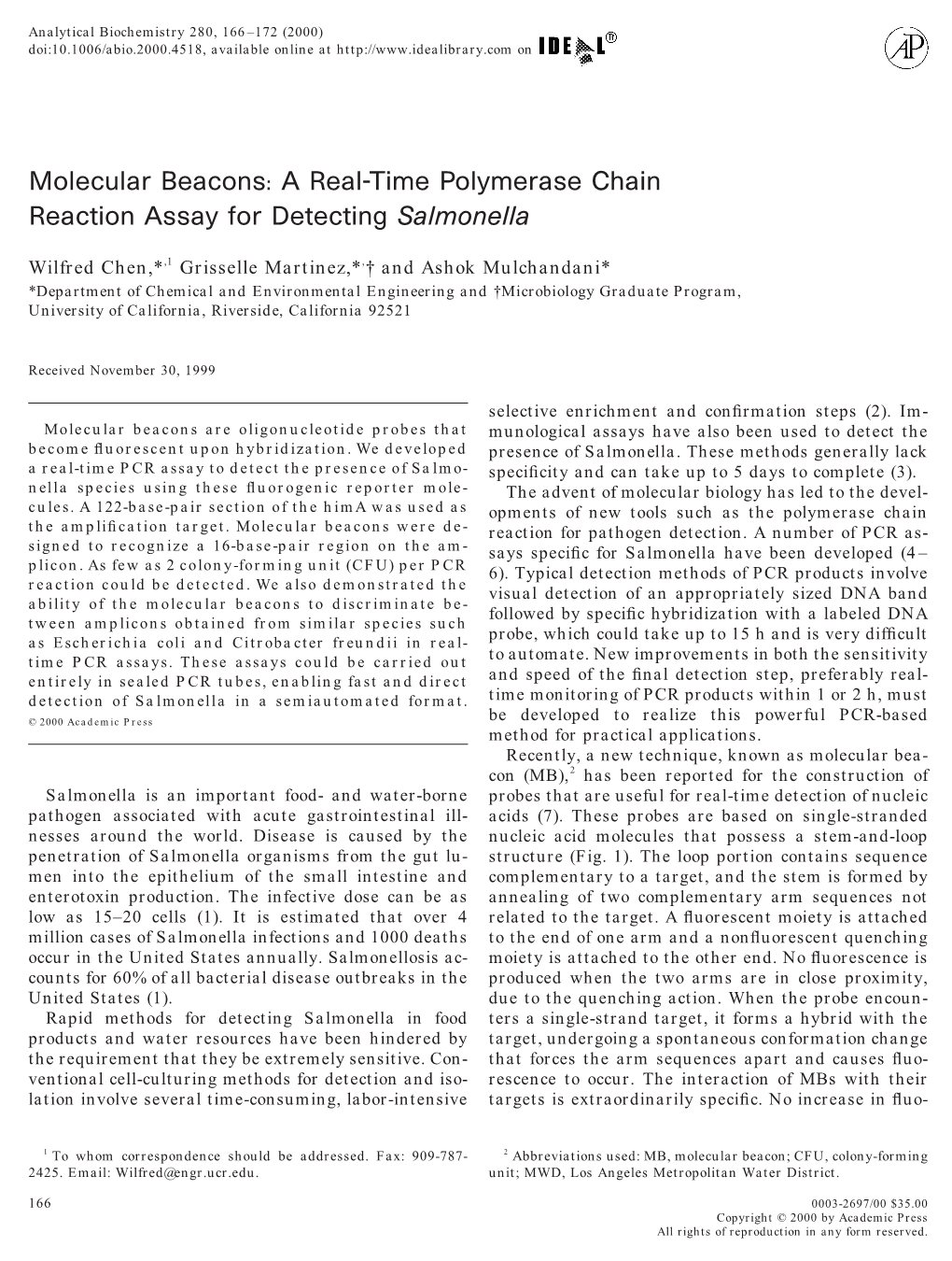 Molecular Beacons: a Real-Time Polymerase Chain Reaction Assay for Detecting Salmonella