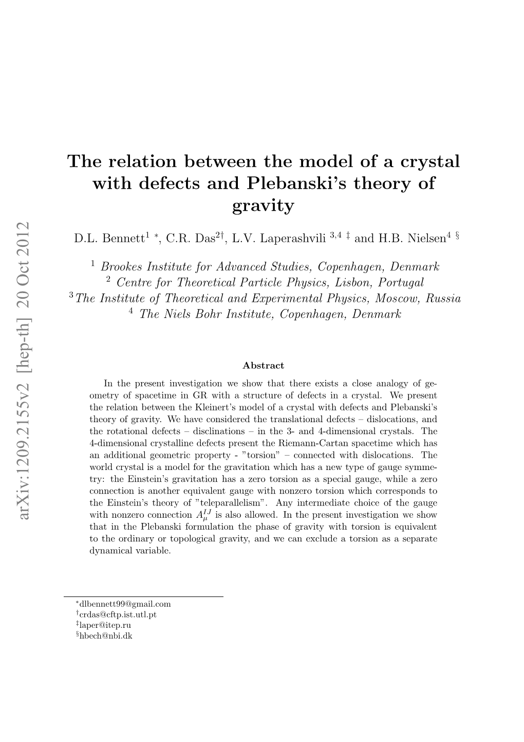 The Relation Between the Model of a Crystal with Defects and Plebanski's Theory of Gravity