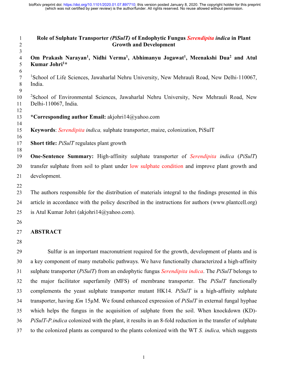 (Pisult) of Endophytic Fungus Serendipita Indica in Plant Growth