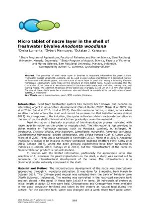 Micro Tablet of Nacre Layer in the Shell of Freshwater Bivalve Anodonta Woodiana 1Cyska Lumenta, 2Gybert Mamuaya, 1Ockstan J