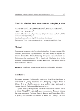 Checklist of Mites from Moso Bamboo in Fujian, China