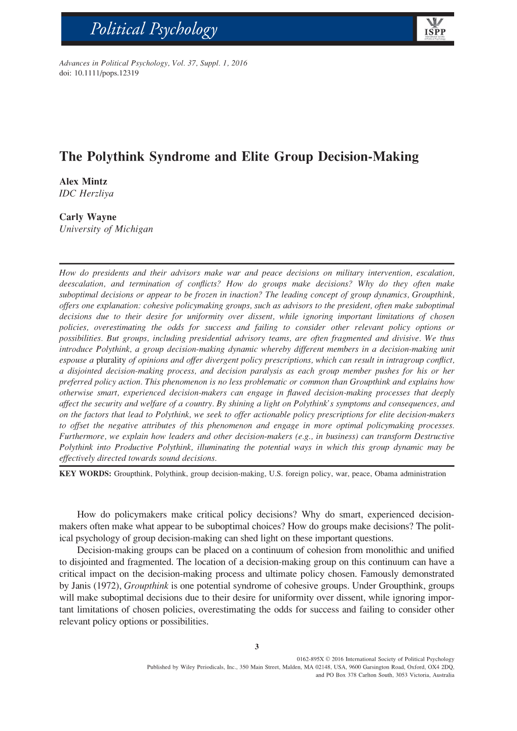 The Polythink Syndrome and Elite Group Decision&#8208;Making