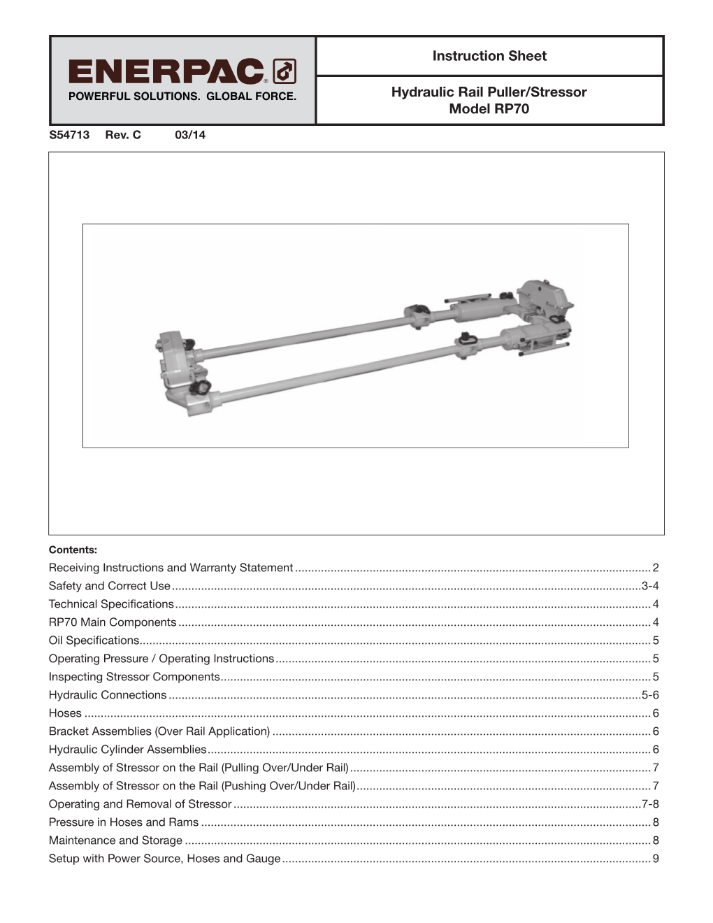Instruction Sheet Hydraulic Rail Puller/Stressor Model RP70