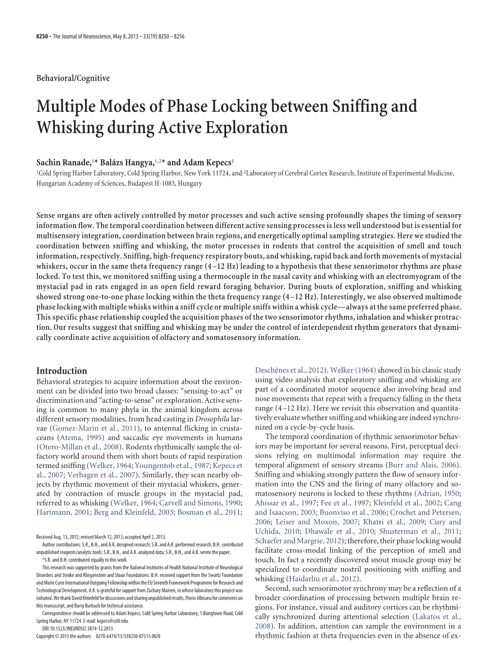 Multiple Modes of Phase Locking Between Sniffing and Whisking During Active Exploration