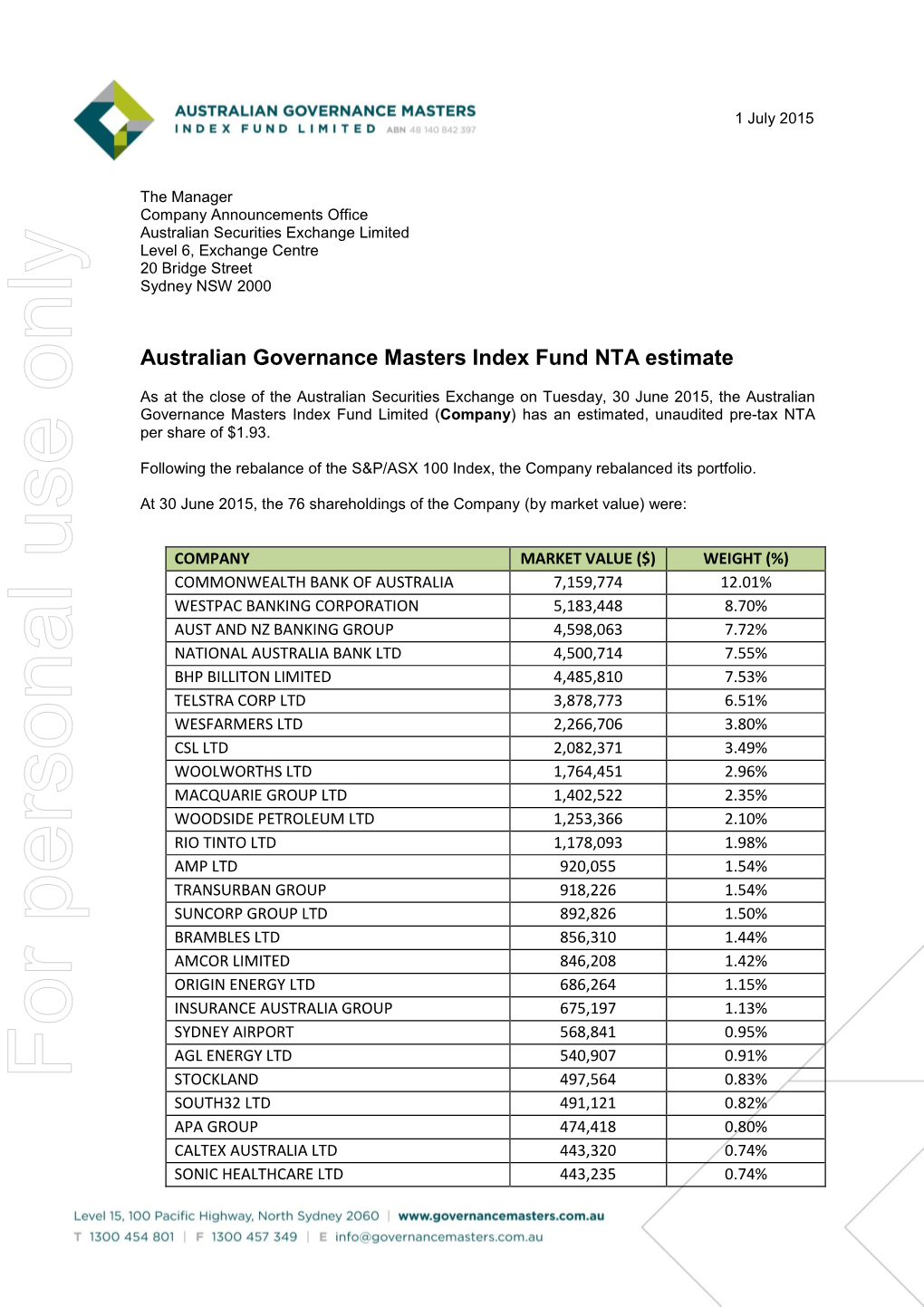 The Manager Company Announcements Office Australian Securities Exchange Limited Level 6, Exchange Centre 20 Bridge Street Sydney NSW 2000