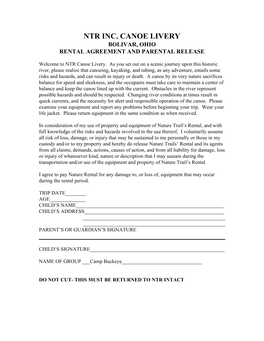 Ntr Inc. Canoe Livery Bolivar, Ohio Rental Agreement and Parental Release