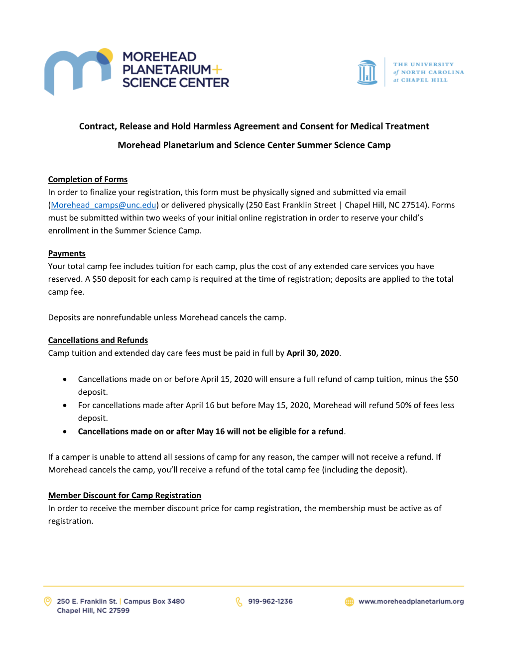 Contract, Release and Hold Harmless Agreement and Consent for Medical Treatment Morehead Planetarium and Science Center Summer Science Camp