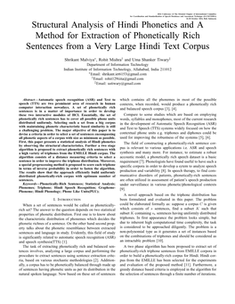 Structural Analysis of Hindi Phonetics and a Method for Extraction of Phonetically Rich Sentences from a Very Large Hindi Text Corpus