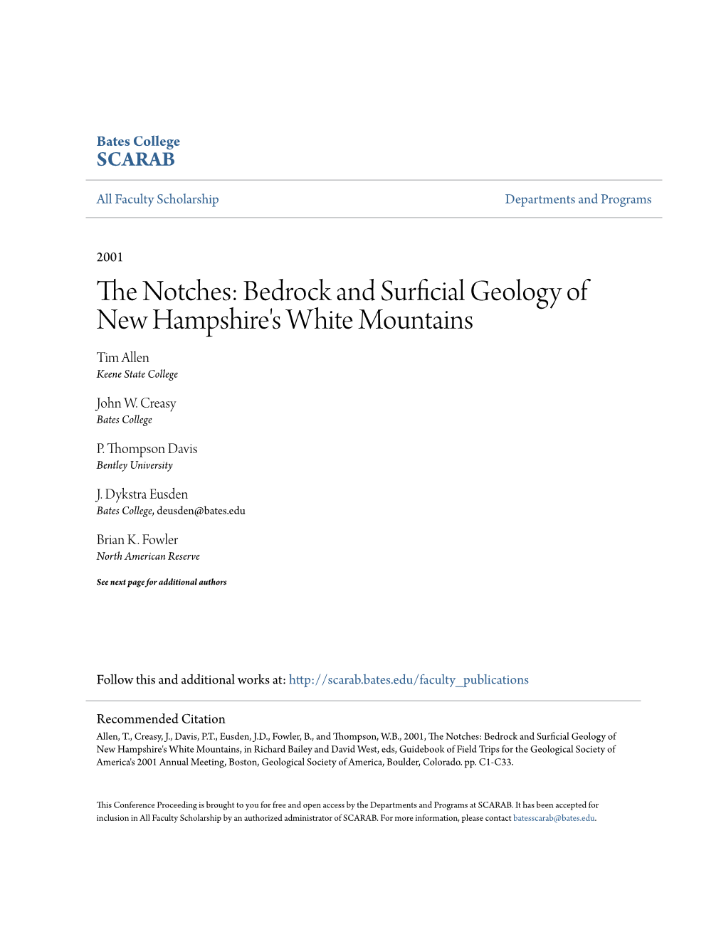 Bedrock and Surficial Geology of New Hampshire's White Mountains Tim Allen Keene State College