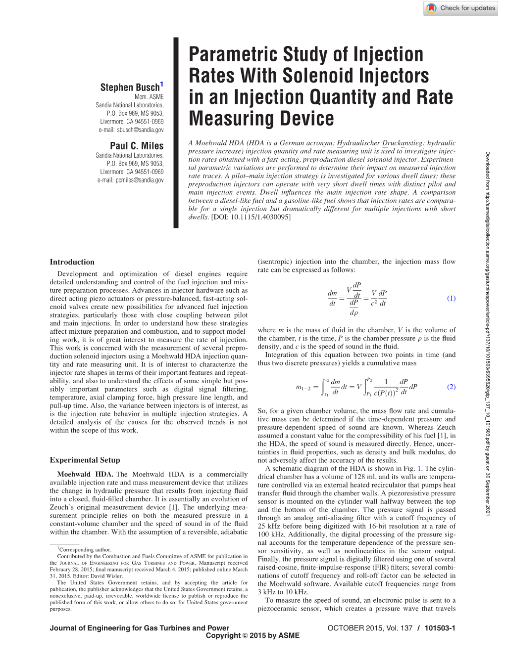 Parametric Study of Injection Rates with Solenoid Injectors in an Injection Quantity and Rate Measuring Device