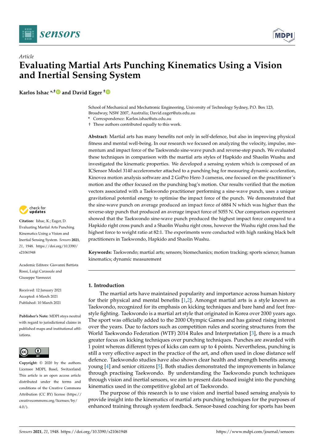 Evaluating Martial Arts Punching Kinematics Using a Vision and Inertial Sensing System