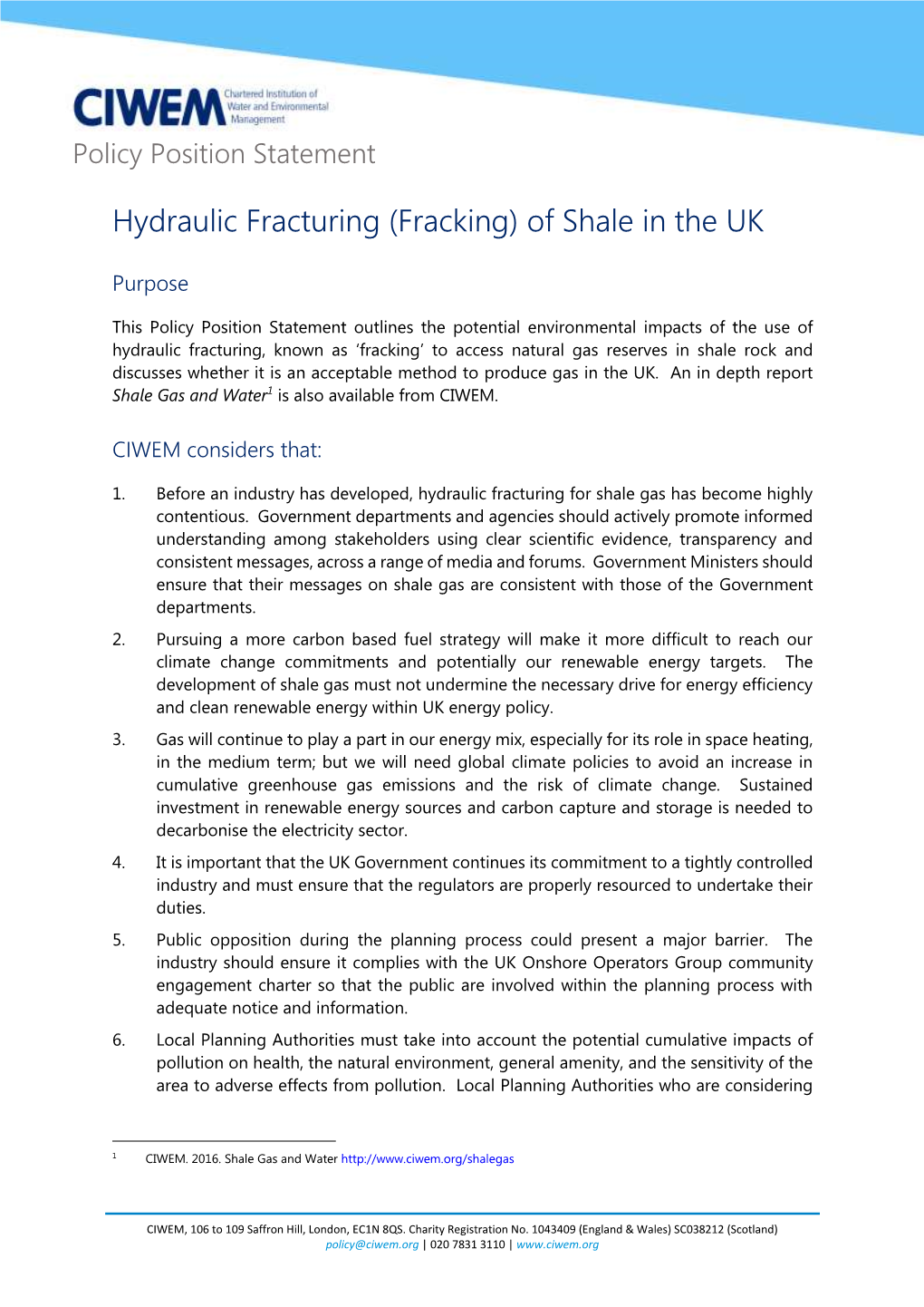 Hydraulic Fracturing (Fracking) of Shale in the UK