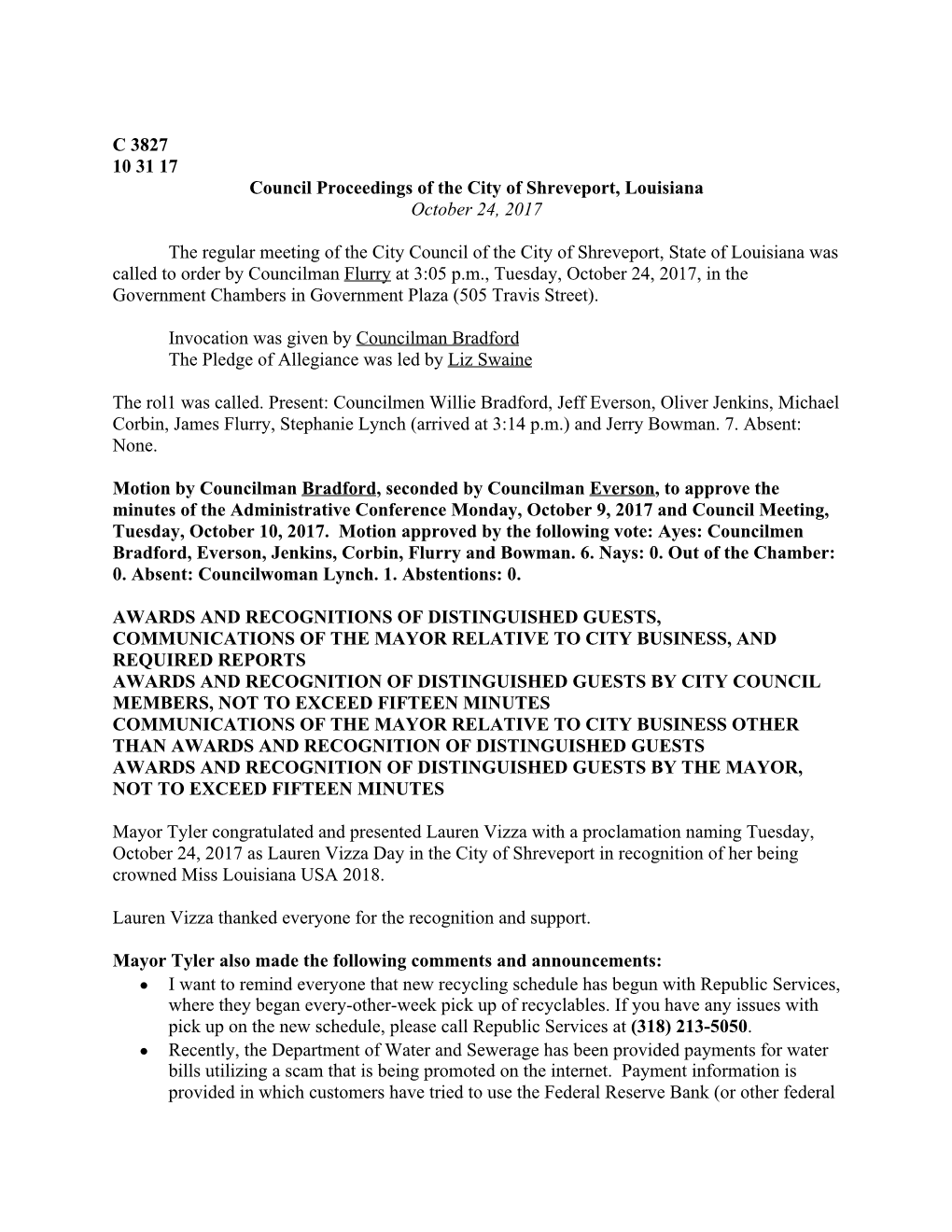 C 3827 10 31 17 Council Proceedings of the City of Shreveport, Louisiana October 24, 2017