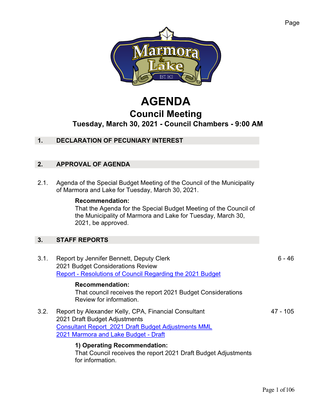 Special Budget Meeting of the Council of the Municipality of Marmora and Lake for Tuesday, March 30, 2021