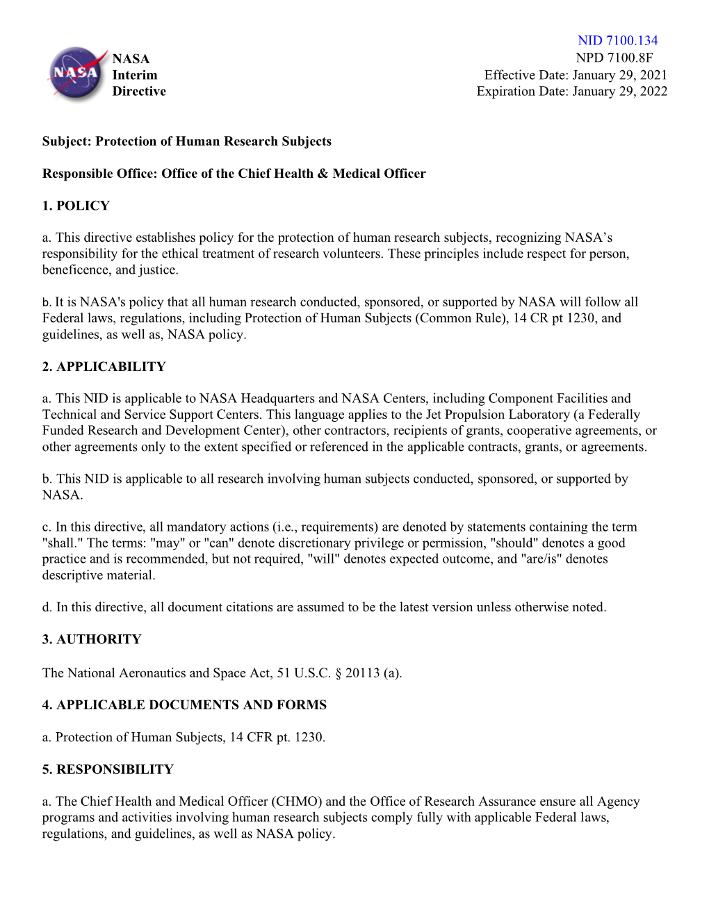 NASA Interim Directive Effective Date: January 29, 2021 Expiration Date