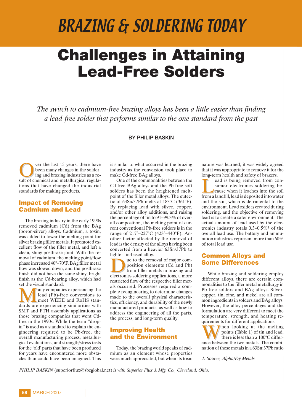 BRAZING & SOLDERING TODAY Challenges in Attaining Lead-Free