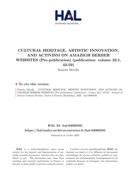 CULTURAL HERITAGE, ARTISTIC INNOVATION, and ACTIVISM on AMAZIGH BERBER WEBSITES (Pre-Publication) (Publication: Volume 32:1, 42-59) Daniela Merolla